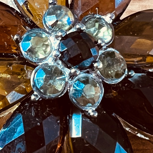 LARGE Vintage Faceted Prong-Set Smoky Topaz And Green Rhinestone Floral Brooch - Picture 3 of 9